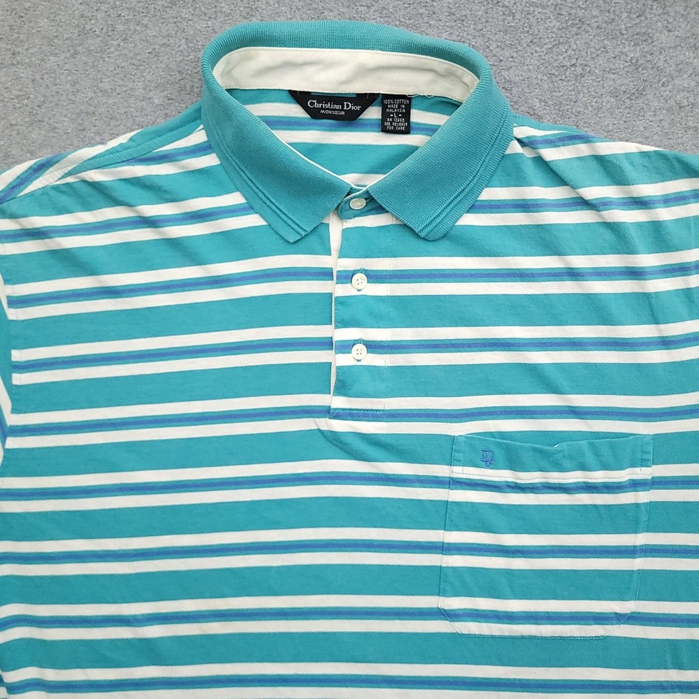 Christian Dior Polo Shirt Mens Large Vintage 90s Blue Stripe Monsieur